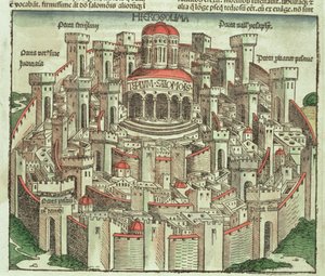 Pohled na opevněné město Jeruzalém ukazující Šalamounův chrám a městské brány z Norimberské kroniky od Hartmanna Schedela (1440-1514) 1493 od German School