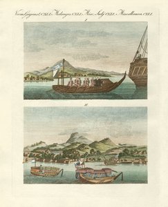 Pohledy na pobřeží Japonska vedle japonských vozidel (barevná rytina) od German School