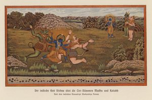 Višnu zabíjí démony Madhu a Kaitabu (barevná litografie) od German School