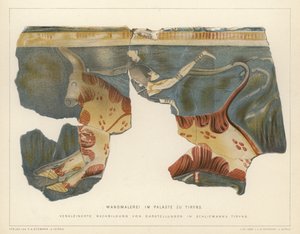 Nástěnná malba z mykénského paláce v Tiryns, Řecko, vykopaná německým archeologem Heinrichem Schliemannem (barevné lito) od German School
