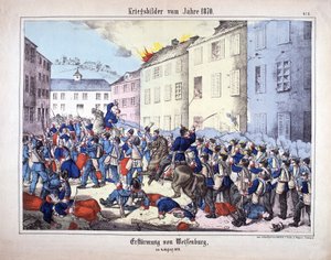 Válka 1870: Dobytí Wissembourgu (bitva u Weissenburgu) mezi vojáky pruské armády a Francouzi 4. srpna od German School