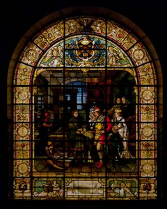 William Caxton ukazuje svou první tištěnou knihu Edwardu IV. a jeho manželce Elizabeth Woodville v roce 1477, od Mayer and Co., mnichovská firma působící v Londýně, kolem roku 1880 (okno z barevného skla)