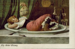 Žena ležící na talíři s taškou na peníze (barevná litografie) od German School
