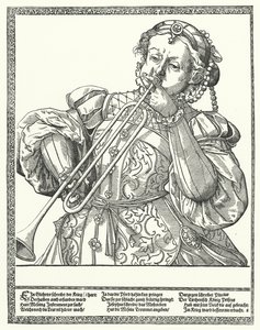 Žena hrající na pozoun nebo sackbut (rytina) od German School