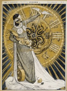 Žena s proužky očí držící roh hojnosti a posouvající ručičky hodin (Alegorie štěstěny) - v „“ Jugend““ z 8. 1. 1900 od German School