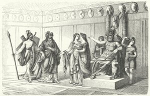 Wotan přijímá hudebníky představené Bragim, bohem poezie a písně (rytina) od German School