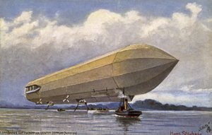 Vzducholoď Zeppelin startující z jezera od German School
