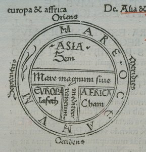 f.177v T-in-O mapa, s knihtiskovými názvy míst, od Isidora ze Sevilly, Liber Etimologiarvm
