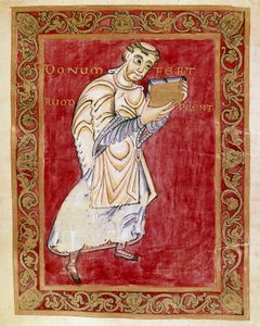 Mnich Ruodprecht odnáší rukopis do oblouku Egbert de Treves (977-993) Miniatura Egbertova kodexu (Codex Egberti) ze školy v Reichenau. Cividale del Friuli, Museo Archeologico nebo Cathedrale de Cividale od German School