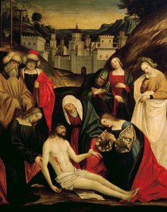 Oplakávání nad mrtvým Kristem, cca 1520, obraz Gerolama Giovenoneho (1486 nebo 1487-1555), olej na panelu, Itálie