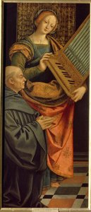 Svatá Cecílie Římská (3. století) (Svatá Cecílie). Nesoucí varhany, s mnichem klečícím v modlitbě u jeho nohou. Malba Gerolama Giovenoneho (1490-1555), tempera na dřevě, po 1530. Italské umění (Milán)
