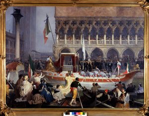 Předkrm Vittoria Emanuela II (Victor Emmanuel) (1820-1878) v Benátkách. Obraz Gerolamo (Girolamo) Induno (1827-1890). Muzeum Risorgimento Milán