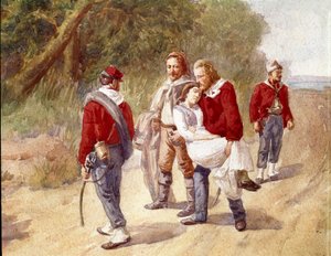Italský patriot Giuseppe Garibaldi transportuje svou manželku Anitu trpící tifem do Ravenny v roce 1849 (Akvarel)