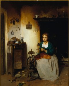 Mladá žena spřádá vlnu, její výraz je smutný a její nitro je mizerné. Obraz Gerolamo (Girolamo) Induno (1825-1890) Rozm. 65x52 cm Genes Nervi, Galleria d