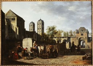 Veřejná kašna a kostel sv. Gereona v Kolíně nad Rýnem, asi 1670 (olej na dřevě) od Gerrit Adriaensz Berckheyde