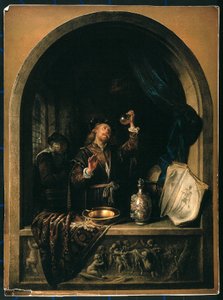 Lékař vyšetřuje vzorek moči starší ženy. od Gerrit Dou