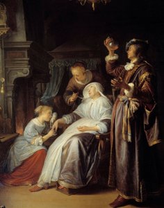 Hydropická žena. Lékař vyšetří moč ženy s vodnatelností. Detail. Obraz Gerarda Dou (1613-1675)