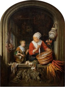 Žena prodávající sledě a dívka ve výloze od Gerrit Dou