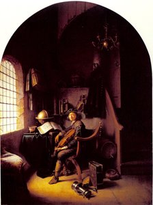 Mladý houslista sedí ve své pracovně od Gerrit Dou