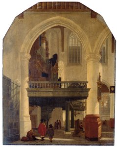Západní konec Oude Kerk, Delft, od jižní uličky k severu s varhanní kruchtou od Gerrit Houckgeest