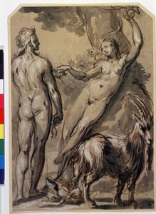 ""Adam a Eva"" Eva sbírá zakázané ovoce a podává ho Adamovi. Kresba perem od Gerrita Pietersze (1566-cca 1616) Konec 90. let 16. století. Puškinovo muzeum, Moskva od Gerrit Pietersz