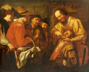 Zubař šarlatán vytahující zub, zatímco skupina přihlížejících sleduje poblíž od Gerrit van Honthorst