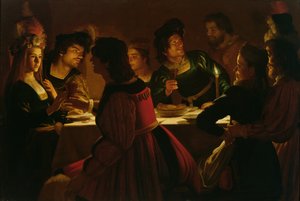 Hodová scéna s mladým manželským párem, c.1617 od Gerrit van Honthorst
