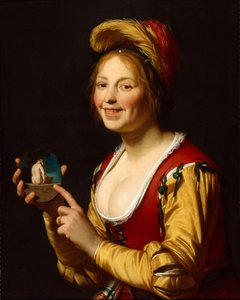 Usmívající se dívka, kurtizána, držící obscénní obrázek od Gerrit van Honthorst