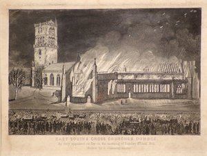 East, South & Cross Churches, Dundee, jak se objevily v ohni v neděli 3. ledna 1841, kolem roku 1841 (lept)