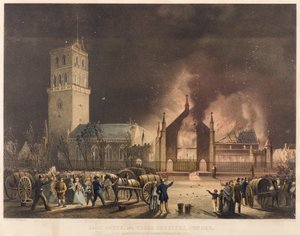 Východní, jižní a křížové kostely, Dundee, jak se objevily v ohni v neděli 3. ledna 1841, kolem roku 1841 (litografie)