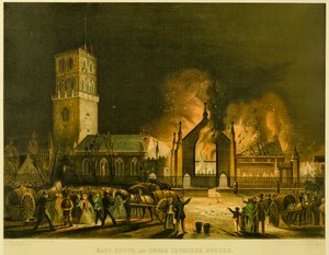 Východní, jižní a křížové kostely, Dundee [jak se objevily v ohni v neděli 3. ledna 1841] (podle George McGillivray), kolem roku 1841 (litografie)