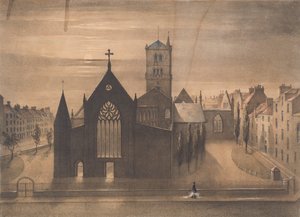 Moonlight View of East and Cross Churches, Dundee, jak se objevily po požáru 3. ledna, cca 1841 (litografie)