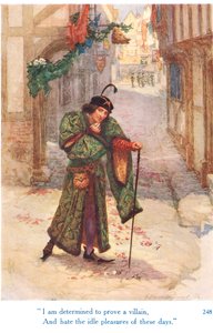 „Jsem odhodlán ukázat se jako darebák a nenávidět zahálející požitky dnešních dnů“, ilustrace ze „Shakespearových příběhů anglických králů“, vydané nakladatelstvím George Harrap & Son