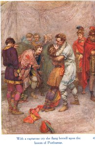 „S nadšeným výkřikem se vrhla na Posthumovo lůno“, ilustrace ze „Shakespearových příběhů anglických králů“, vydané nakladatelstvím George Harrap & Son