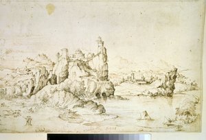 "Un chateau perche sur une monagne"" (Hrad na skále v horské krajině) Kresba hnědým inkoustem Gherardo Cibo (1512-1600) 1540 Puškinovo muzeum, Moskva od Gherardo Cibo