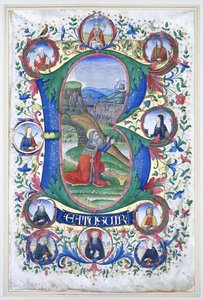 Král David při modlitbě uvnitř velmi velké iniciály „B“, kolem deseti velkých kruhů, z nichž každý obsahuje portrét světce, kolem roku 1500 od Gherardo di Giovanni del Fora