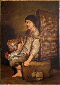 Pochůzkář sedící s košíkem na zádech, vejci a drůbeží, kolem 1735 (olej na plátně)