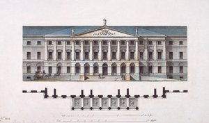 Projekt Smolného ústavu. Hlavní fasáda a půdorys přízemí, 1806-1808