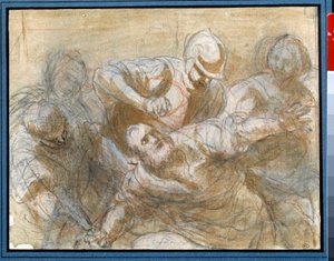 Samson zajat Filištíny Kresba hnědým inkoustem a lazurou Giacomo Cavedone (1577-1660) Kolem 1614 Sun. 0,20 x 0,27 m Paříž. muzeum Louvre