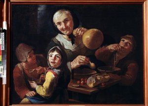 ""Sedlácké jídlo"" (Sedlácké jídlo) Stará selka a tři děti snídají polévku, třešně a chléb. Obraz Giacoma Francesca Cippera (1664-1736) Muzeum výtvarných umění 18. století Ivan Kramskoy (nebo Kramskoi) ve Voroněži (Voronezh),