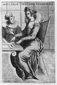 Kurtizána v elegantních šatech hrající na klavír. Rytina Giacoma Franca (1550-1620) z „Benátky, použití a zvyky“, kolem roku 1597.