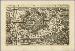 Agria - hlavní a opevněné město v Horních Uhrách, které bylo v roce 1596 obléháno tureckými kyšperskými vojsky. od Giacomo Franco