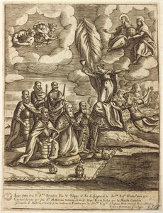 Alegorie Svaté ligy z roku 1571 stanovená papežem Piem V., Filipem Španělským a benátským dóžem Alvisem Mocenigo, rytina Giacoma Franca (1556-1620)