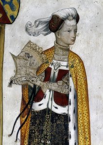 Zobrazení markýze ze Saluzza a jejich manželek jako historických a mytologických hrdinů a hrdinek. Detail: Riccarda di Sicilia, manželka Tommasa II., jako amazonská královna Lampeto. 1418-30 od Giacomo Jaquerio