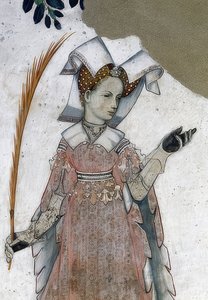 Zobrazení markýze ze Saluzza a jejich manželek jako historických a mytologických hrdinů a hrdinek. Detail: Marguerite de Roussy, manželka Tommase III. jako Teuca. 1418-30 od Giacomo Jaquerio