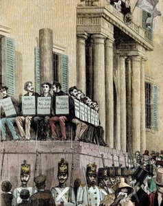 Risorgimento: „“ členové hnutí Giovine Italia (včetně Carlo Cattaneo (1801-1869), Tinelli, Danzi, Bussi) sedící před justičním palácem v Miláně a poslouchají rozsudek odsuzující je k vyhnanství v roce 1848“ 1884 Litografie od Mantega