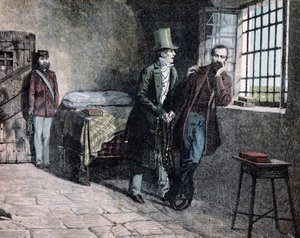 Risorgimento: „“ italský patriot Giuseppe Mazzini (1805-1872), uvězněný v Savoně v roce 1830, se setkává se svým otcem, který ho přinutí opustit sardinské státy““ Rytina Giacoma Mantegazzy (1853-1920) 1884 Soukromá sbírka