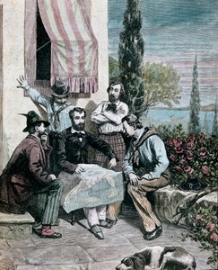Risorgimento: exulanti na Korfu (Korfu), jejichž bratři Attilio Bandiera (1810-1844) a Emilio Bandiera (1819-1844) studují italskou mapu, aby mohli podniknout výpravu. 1884 Rytina Mantegazza Private Collection