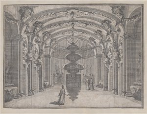 Divadelní scéna ve velkém sále s klenutým stropem a centrální plastikou, ..., ca. 1687-1717. od Giacomo Maria Giovannini