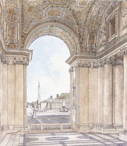 Pohled na náměstí Piazza San Pietro, Řím při pohledu na jih od Portico baziliky, před rokem 1779
